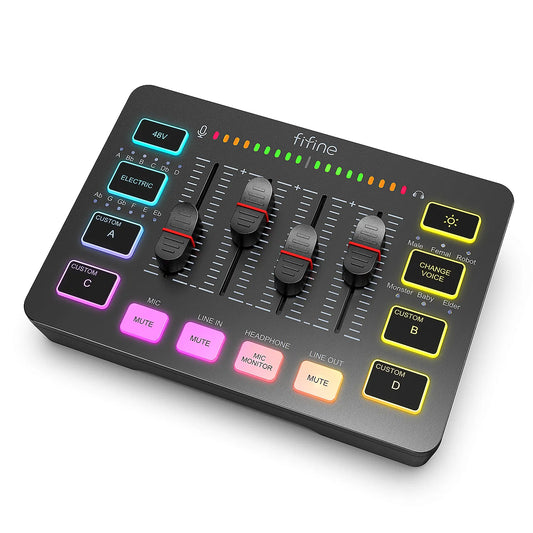 FIFINE Gaming Audio Mixer,Streaming 4-Channel RGB Mixer with XLR Microphone Interface,for Game Voice,Podcast,AmpliGame SC3