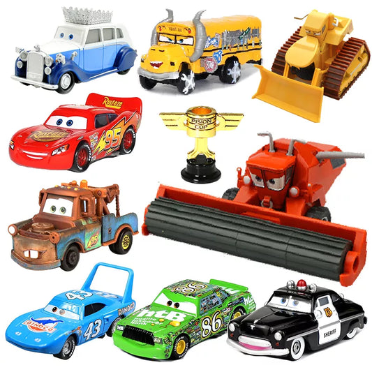 Disney Pixar Cars 2 3 Lightning McQueen Race Div Fritter Miss Tractor Frank 1:55 Diecast Metal Alloy Model Car For Kid Xmas Gift